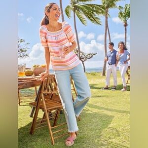 Talbots Plus Square Neck Linen Top Palm Stripe size 1X